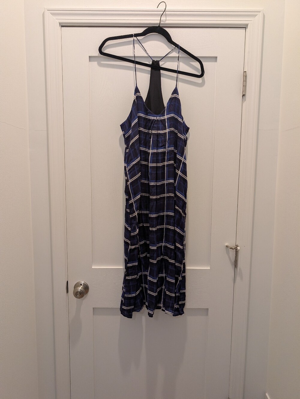 Navy and White Plaid Slip Midi Dress- 100% Silk